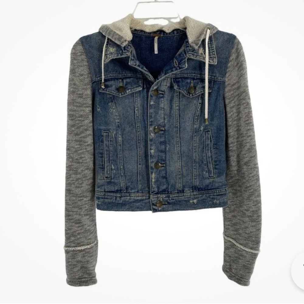 Free People Womens Jean Jacket Hoodie Blue Gray Distressed, Size XS